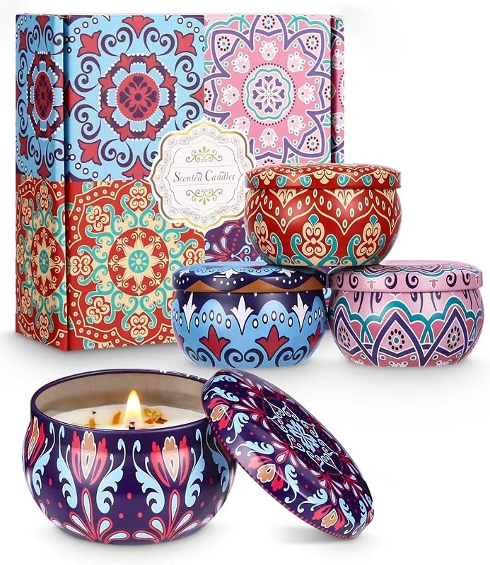 Gyxova Juego de velas, velas perfumadas, juego de regalo, 4 unidades, étnico, cera de soja natural, velas de aromaterapia, velas decorativas para aromaterapia, Navidad, cumpleaños, día de — Cena a la luz de velas