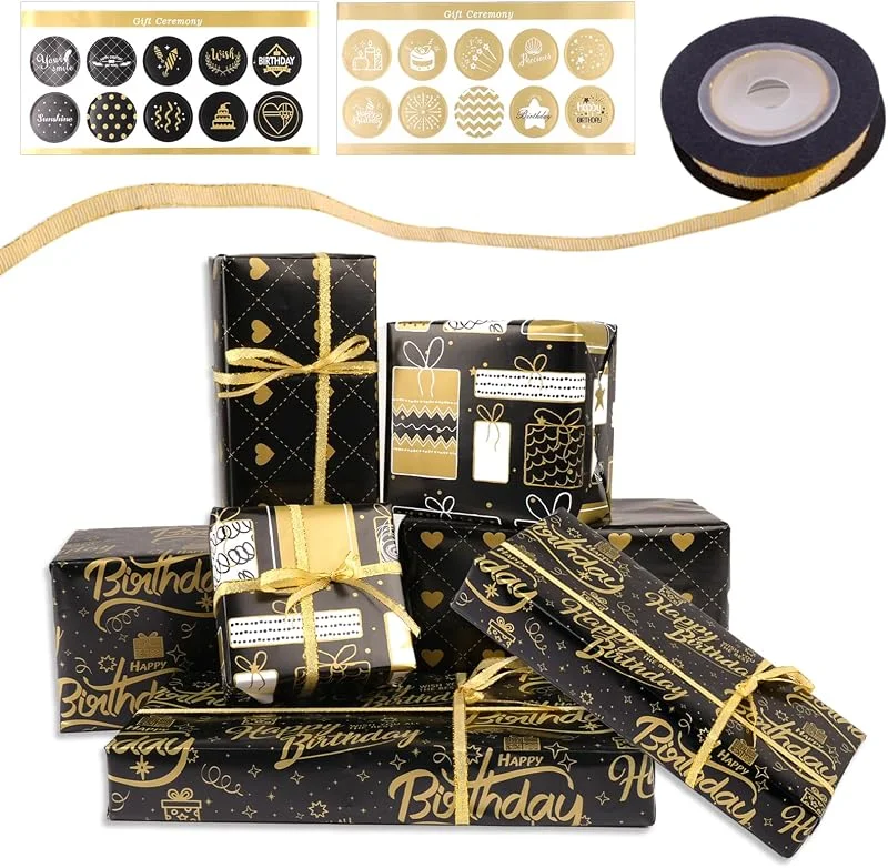 Deepton Papel de regalo, 6 rollos de papel de regalo, papel de regalo de cumpleaños con pegatinas y cinta, papel de regalo dorado negro, papel — Envoltorio regalo