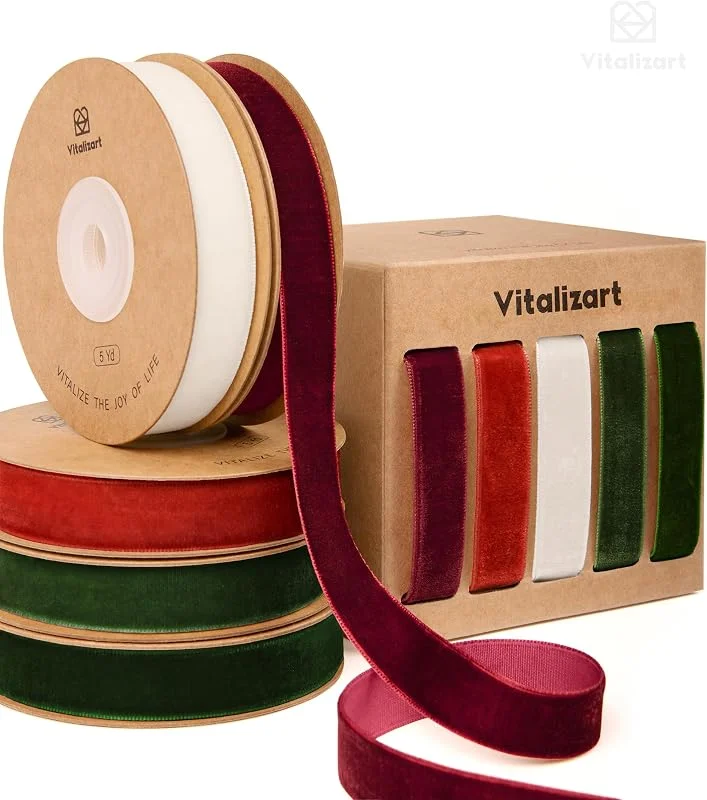 Visita la tienda de Vitalizart Vitalizart Cinta Terciopelo Navidad 1, 6 cm x 22, 9 m, 5 Rollos de 4, 6 m — Envoltorio regalo