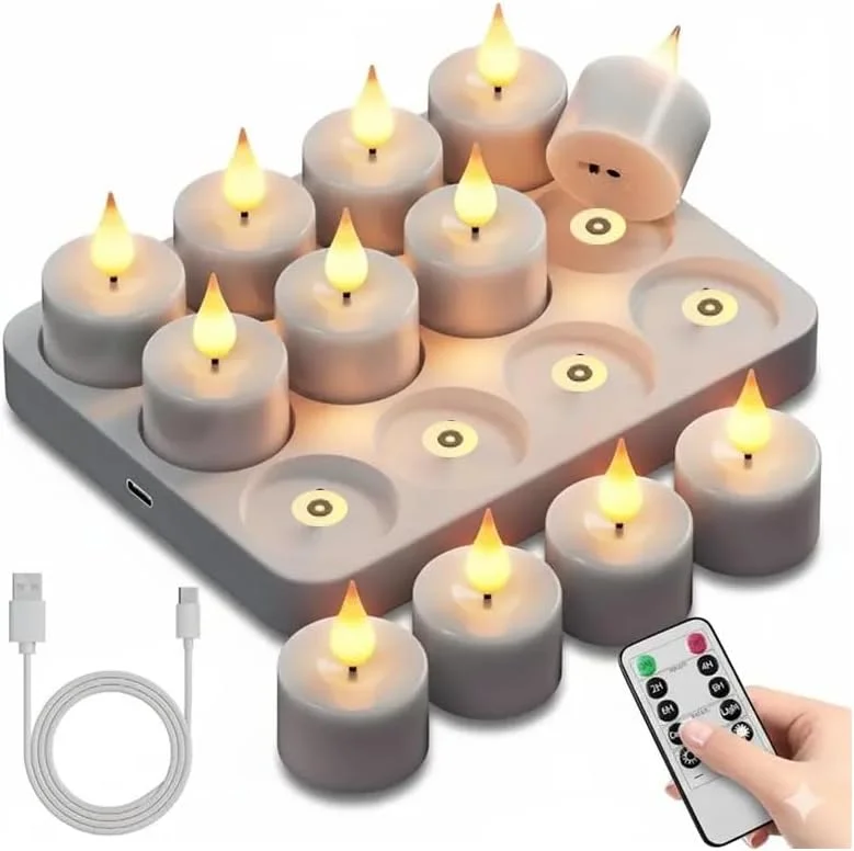 Enegg Velas de té con temporizadores parpadeantes, 12 velas recargables sin llama, velas votivas realistas para el hogar, vacaciones, Halloween, boda, Navidad, centros de mesa, decoración romántica — Cena a la luz de velas