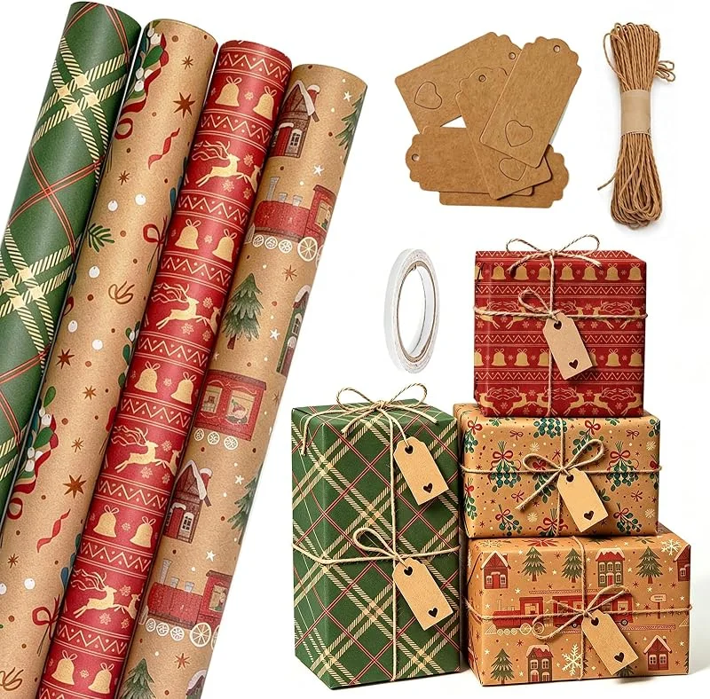 Bseical Papel Regalo Navidad 4 Rollo, 3 m x 43 cm Papel de Regalo Rollo Grande Papel Kraft Resistente, Wrapping Paper Ideal para Envolver Regalos, Cumpleaños y Fiestas — Envoltorio regalo