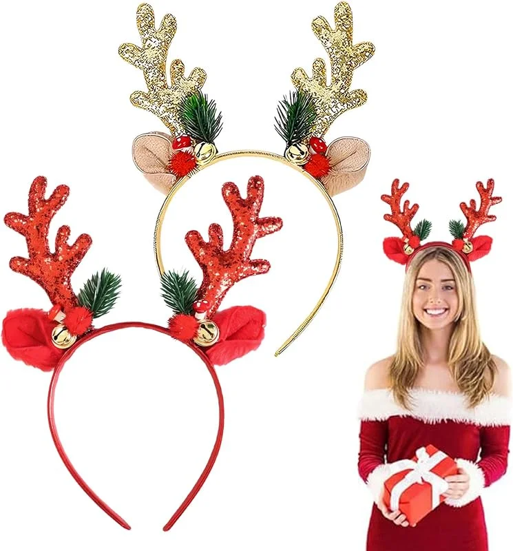 JIEBAO 2 Piezas Diademas de Navidad, Diadema de Reno de Navidad, Diadema Disfraz Navidad de Ciervo Para Mujeres y Niñas — Ropa Navidad