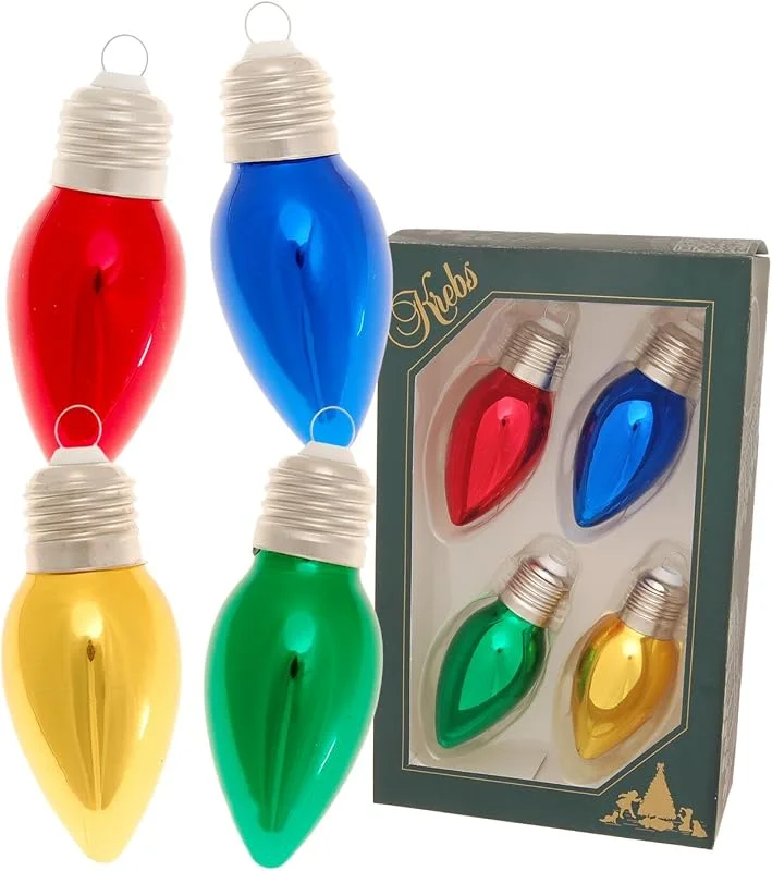 Krebs Glas Lauscha - Adornos para árbol de Navidad de cristal - Diseño: bombilla plateada - Color: rojo, oro, verde, azul - Tamaño: 9 cm — Decoracion Navidad