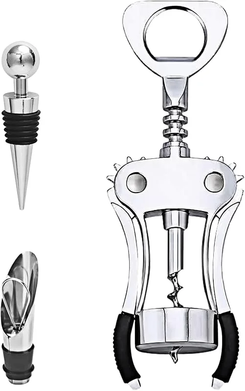Gvolatee sacacorchos vino profesional, abrebotellas de Aleación de zinc multifuncional con tapón de vino y vertedor, abridor botellas para tapones, bottle opener para bar restaurante familiar, plata — Vino y mesa festiva