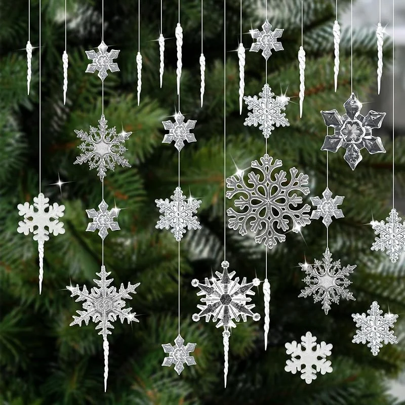 ZHIQIN 44 Piezas Adornos Navidad de Copo de Nieve y Carámbanos Acrílico Adornos Colgantes para Árbol de Navidad Cristal de Navidad Decoración con Line para Ventana Fiesta Invierno Interior Exterior — Decoracion Navidad