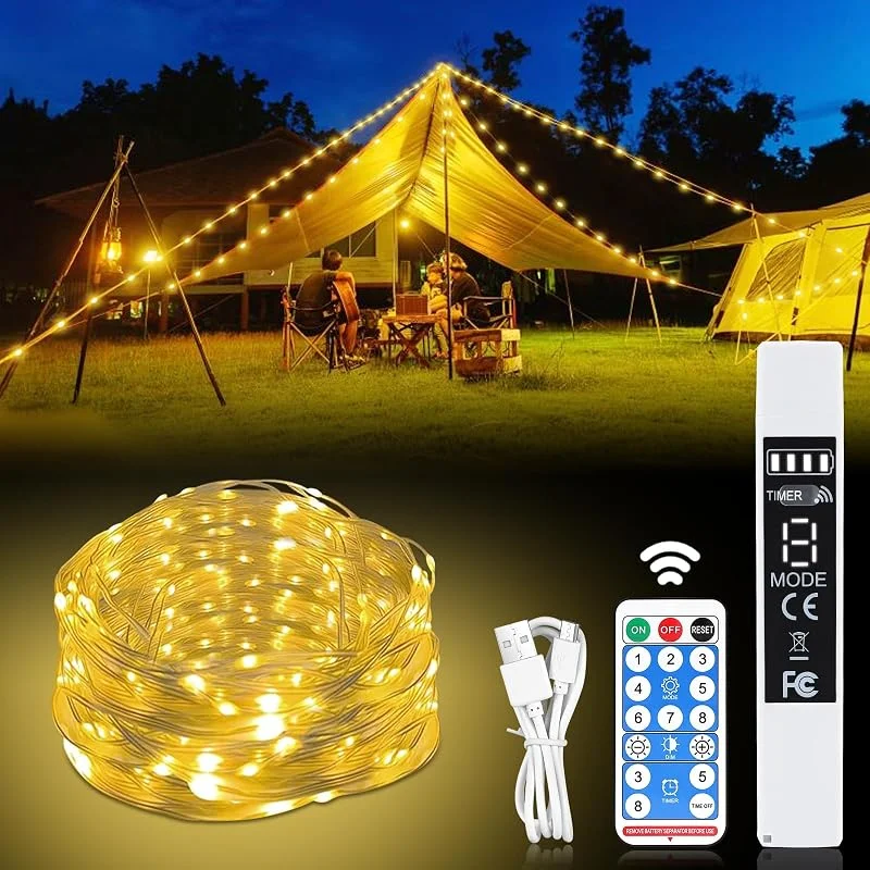 Artrastar Cadena de Luces LED para Camping con Batería Recargable USB - 10 Metros, 8 Modos, Blanco Cálido (Interior, Exterior) — Luces Navidad