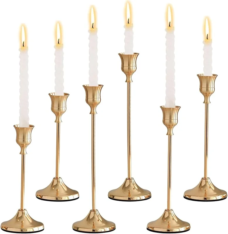 JurciCat Candelabro Oro Decorativo Vintage Candelabros para Velas Portavelas de Varilla 16, 19, 22 cm para Bodas Decoración de Mesas Ceremonias de Mayoría de Edad Fiestas de Cumpleaños (Oro 6 Piezas) — Cena a la luz de velas