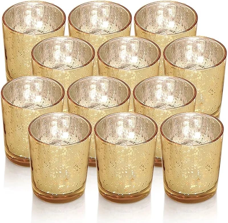 FUND AMLIGHT Portavelas votivas doradas, portavelas de cristal de mercurio, juego de 12, centros de mesa perfectos para bodas, fiestas, decoración del hogar (dorado) — Cena a la luz de velas