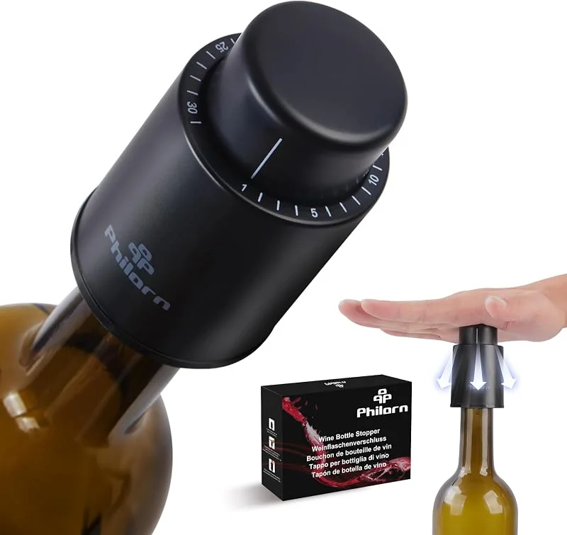 Philorn 2 tapones para botellas de vino, tapón de vino al vacío, tapón para botellas con registro de escala de tiempo, tapón de vino reutilizable, regalos para los amantes del vino, color negro — Vino y mesa festiva
