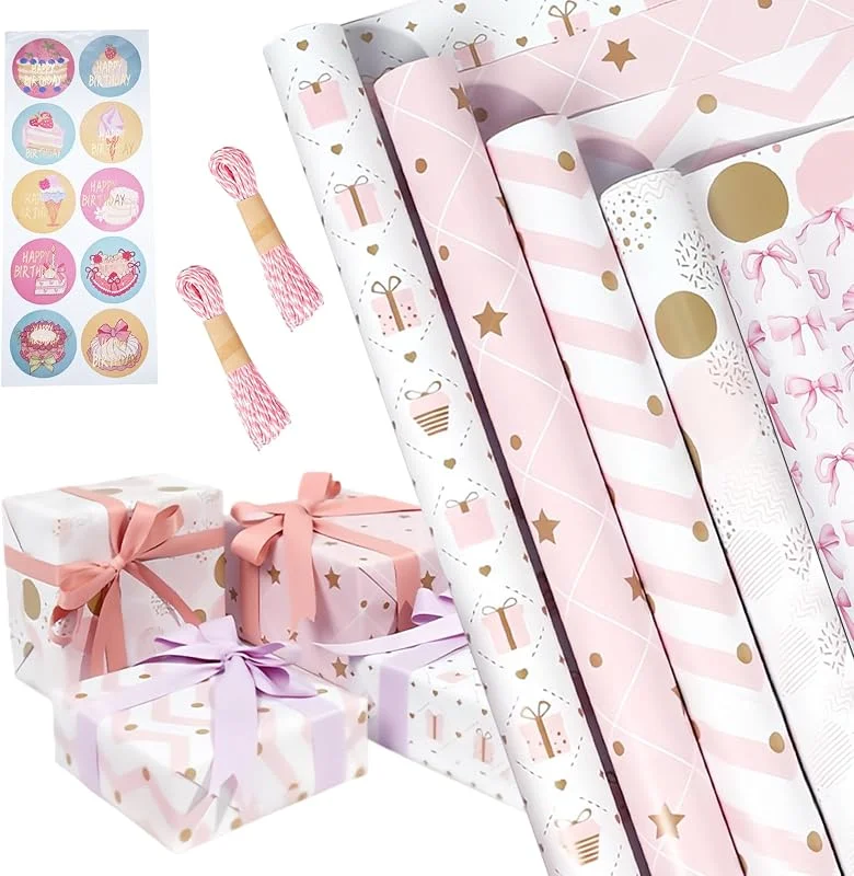 MFUSUL 5 Rollos Papel de Regalo, 43 cm x 300 cm Papel de Regalo Navidad con Cintas y Cinta, Regalo Clásico Rollos de Papel para Cumpleaños, Bodas, Fiestas (Rosa) — Envoltorio regalo
