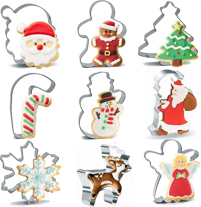 FOKIZB Juego de 9 Cortadores de Galletas de Navidad de Acero Inoxidable, Moldes para Galletas Navideñas Resistentes y Fáciles de Limpiar, Cortadores Navideños para Repostería, Fondant y Sándwiches — Hogar y cocina