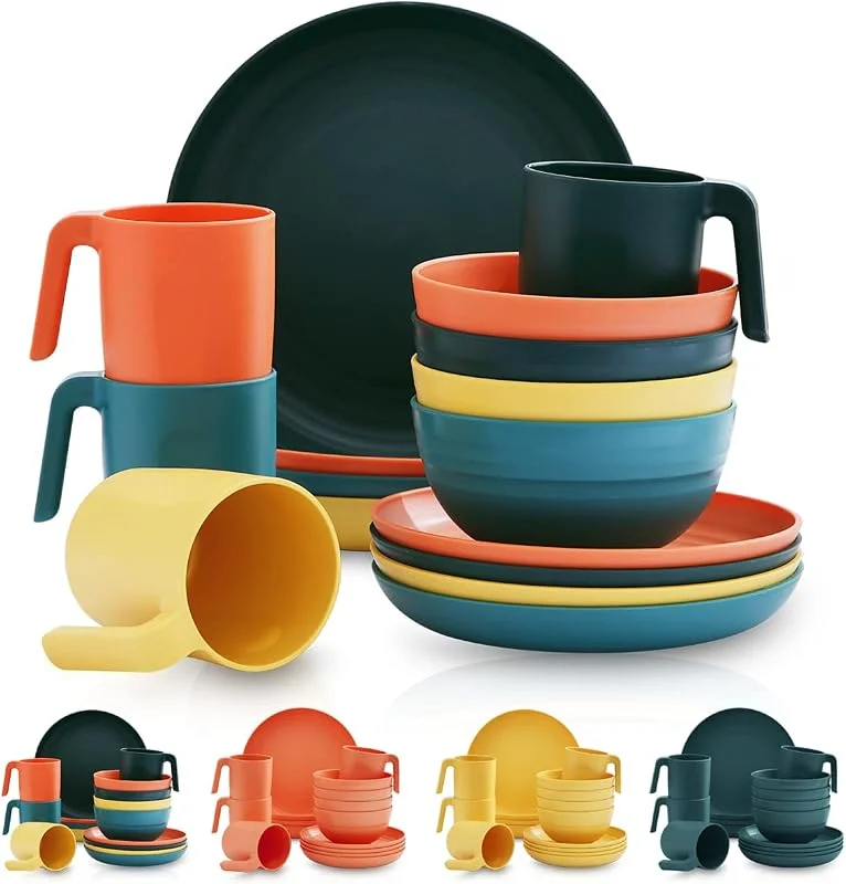 Kyraton vajilla de plástico de 16 piezas, irrompible y reutilizable platos ligeros tazas tazones platos fáciles de llevar y limpiar microondas seguro BPA libre lavavajillas servicio seguro para 4 — Adviento y mesa