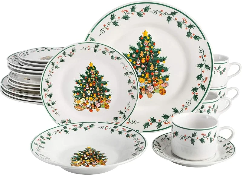 Gibson Home Gibson adornos árbol de Navidad vajilla Set Árboles decorados 20-piece White, Green, Red — Adviento y mesa