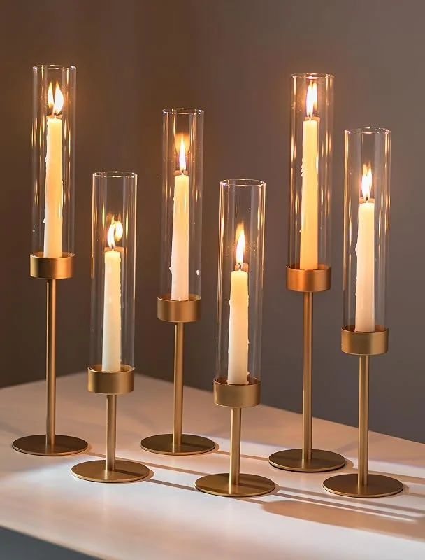 Romadedi Juego de 6 portavelas de Cristal con Forma de huracán, Color Dorado, de Cristal Transparente, Centro de Mesa, Centro de Mesa, decoración de Boda, Fiesta, cumpleaños, Navidad, decoración del — Cena a la luz de velas