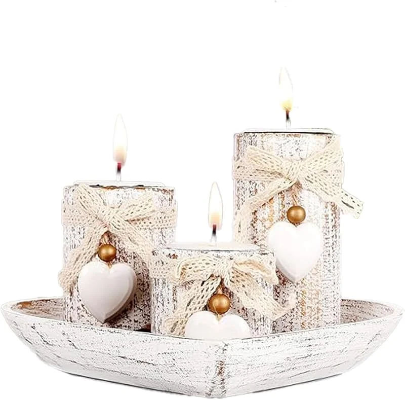 Molyorch Juego de 3 piezas de decoración de velas con corazones en diseño vintage, portavelas de madera con bandeja, para Navidad, mesa de salón — Adviento y mesa
