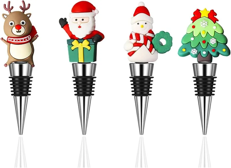 Pwsap 4 Piezas Tapón de Vino de Navidad, Tapón Botella Vino Papá Noel, Muñeco de Nieve, Alce, árbol, Reutilizable Botella de Vino para Colección de Vino Champán, Accesorios Vino, Regalo — Vino y mesa festiva