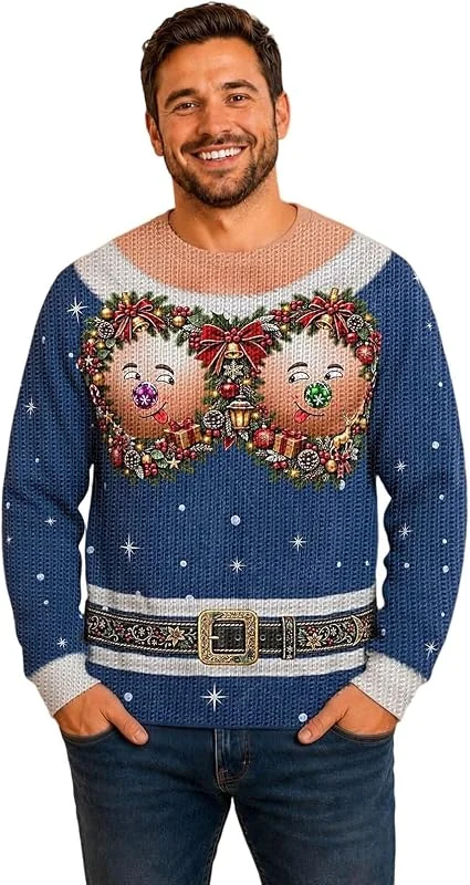 Genérico Jersey de Navidad para Hombre Divertido Camiseta de Navidad Manga Larga suéter Navidad Tallas Grandes Navidad Divertido Verde Sudadera FEA Camiseta de Manga Larga Camiseta — Ropa Navidad