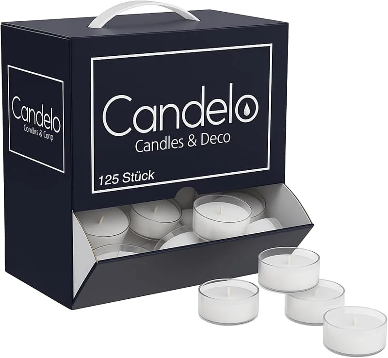 Smart-Planet Smart Planet Ambiente - Velas de té (125 unidades, en caja dispensadora, larga duración de combustión, plástico transparente), color blanco — Cena a la luz de velas