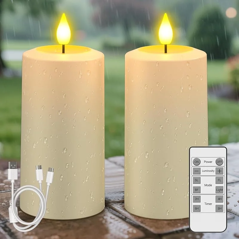 Visita la tienda de SoulBay SoulBay Velas recargables impermeables, 2 velas de batería LED sin llama USB-C con control remoto y temporizador, velas de pilar de larga duración de 90 a 200 horas para decoración de jardín, patio — Cena a la luz de velas