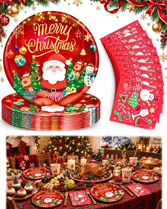 BIVYAX 10 Platos Papel Decorativos Navidad 9 Pulgadas, Vajilla Desechable Festiva para Fiestas y Cenas, Ideal para Reuniones Familiares y Celebraciones Especiales, Con 10 Servilletas Papel Navidad — Adviento y mesa