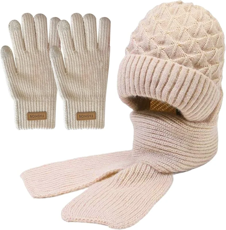 JSTHHTT Bufanda Gorro Guantes Set Mujer, Conjunto Bufanda Gorro Guantes, Gorro Punto Bufandas Guantes, Sombreros Invierno Mujer Cálido Forro Felpa — Ropa Navidad