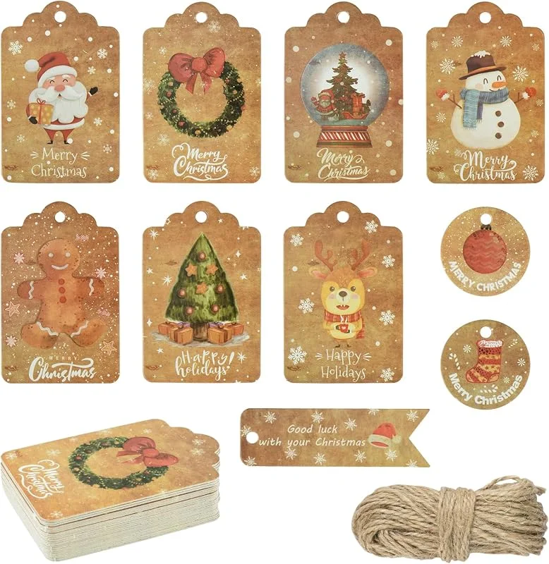 TAIYOU 60 etiquetas de regalo de Navidad, papel de estraza de Navidad, etiquetas de Navidad con cuerda, adornos para el árbol de Navidad, para regalos, embalaje, decoración, 10 diseños A — Envoltorio regalo