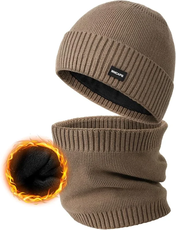 Visita la tienda de Wmcaps Wmcaps Conjunto de gorro y calentador de cuello de forro polar de invierno para hombres y mujeres, gorros de punto gruesos y acogedores, conjunto de bufandas, gorro de invierno liso elástico para — Ropa Navidad