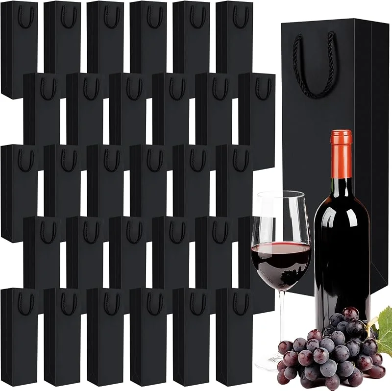 AKOLAFE 11 Piezas Pack 30 Bolsas de Vino, Bolsa de Vino de Papel Kraft Negro 11 x 9 x 35 cm con Asa, Bolsas Regalo para Botellas, Bodas, Navidad, Cumpleaños y Fiestas — Envoltorio regalo