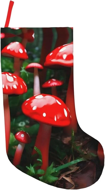 BrUgui Calcetín de Navidad divertido y duradero con correa para colgar, decoración festiva y bolsa de regalo, setas rojas — Decoracion Navidad