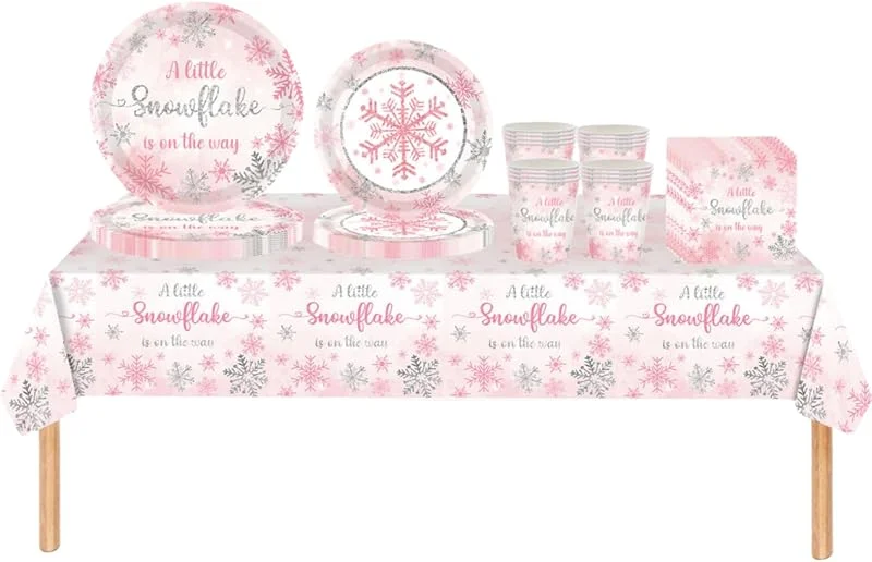 COSORO 69 piezas Juego de Vajilla Desechable Navidad Rosa Nieve, Platos Desechable Decoración Cumpleaños Fiesta Compostables, Platos Servilletas Biodegradable Copa de Papel y Mantel, para Fiesta de Navidad — Adviento y mesa