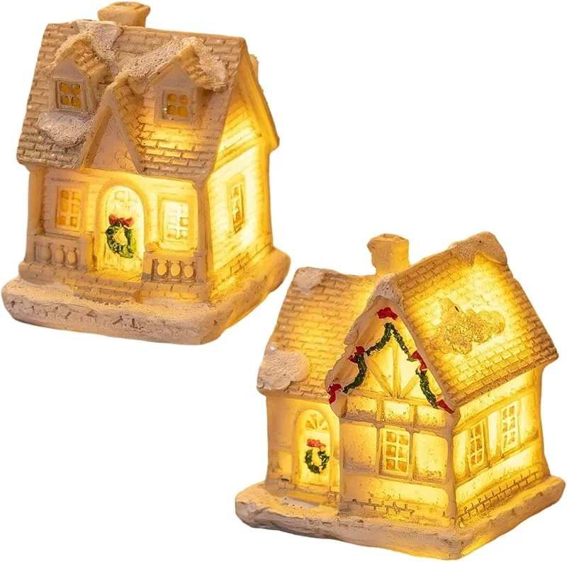 SMELEYOU Casas de Pueblo navideñas iluminadas, Granja de Resina, Pueblo navideño, Ideal para Escena de Ciudad navideña, Adorno de Escritorio, decoración navideña, 2 uds. — Decoracion Navidad