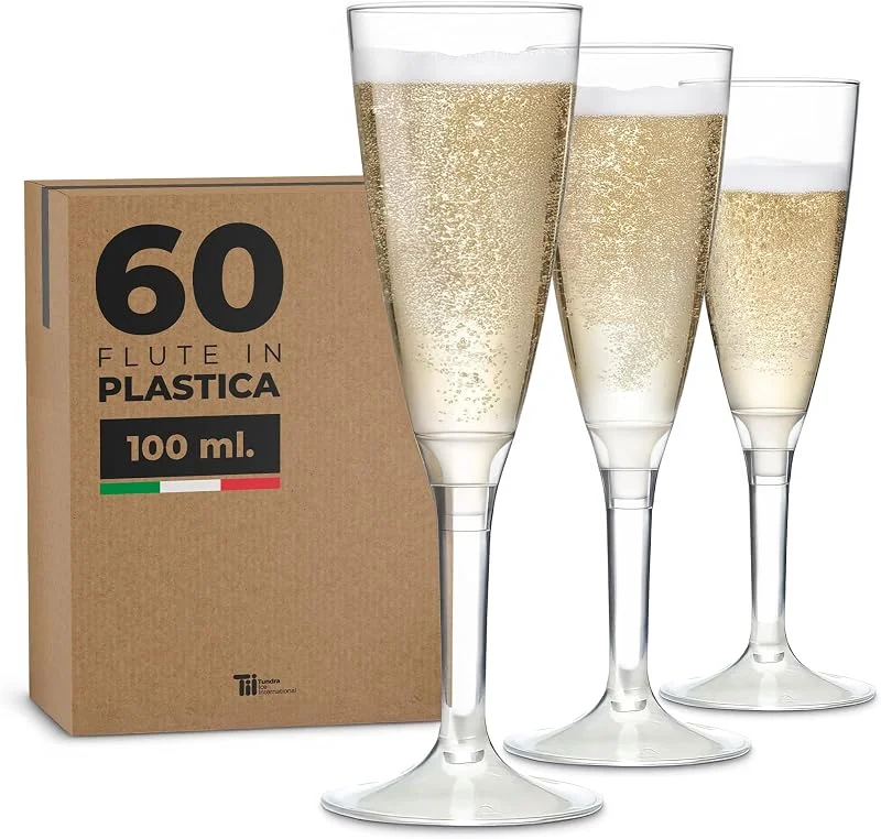 TUNDRA ICE INTERNATIONAL TUNDRA - 60 Copas Cava Plastico 100 ml., USA Y RE-USA, Copas de CHAMPÁN Plastico Duro Reutilizable - Flautas Resistentes, Transparentes y Reciclables - para Bodas, Fiestas, Navidad, Nochevieja — Vino y mesa festiva