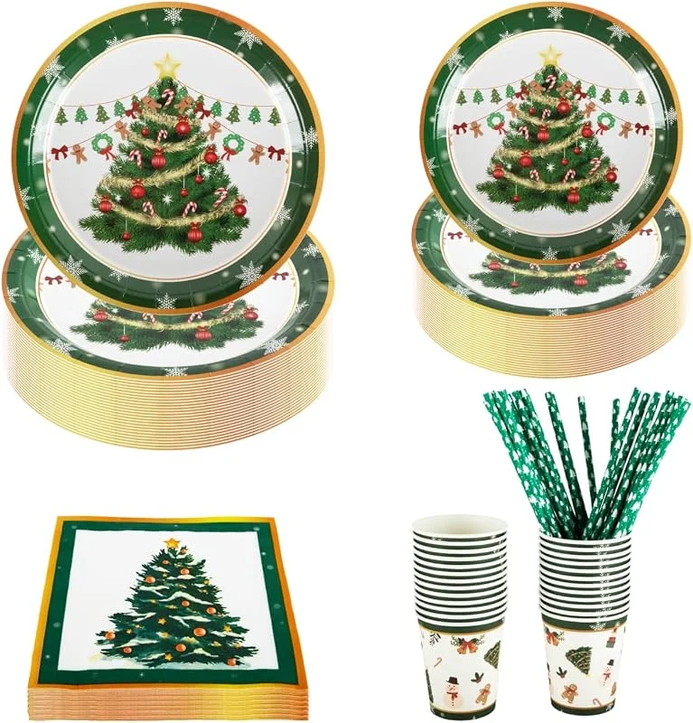 CEILIWEN Juego de vajilla de fiesta de Navidad para 25 invitados, platos de papel verde de 9 y 7 pulgadas, servilletas, vasos y popotes, vajilla festiva para decoraciones de fiesta de Navidad y Año — Adviento y mesa