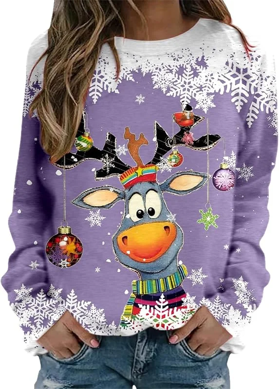 Generisch Jersey de Navidad para mujer, de manga larga con cuello redondo, bonito diseño de reno, camiseta para adolescentes, suéter de punto festivo, suéter de invierno, versátil combinable — Ropa Navidad