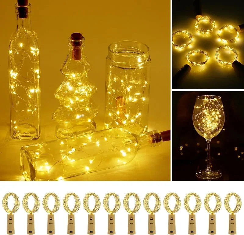 Vicloon Luces de botellas de vino, 12 piezas de iluminación para botellas, 2m 20 LED Luces de Navidad blancas cálidas, botellas de vino, iluminación de botellas de corcho para bricolaje, fiesta, boda — Luces Navidad