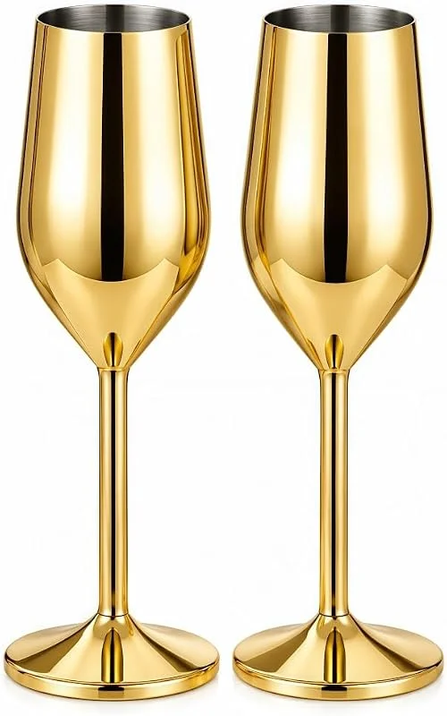 FOOLS ALIBAI Paquete de 2 Copas de Champán de Acero Inoxidable de 8 Onzas - Irrompibles Con Tallo para Fiestas, Bodas, Navidad, Aniversario — Vino y mesa festiva