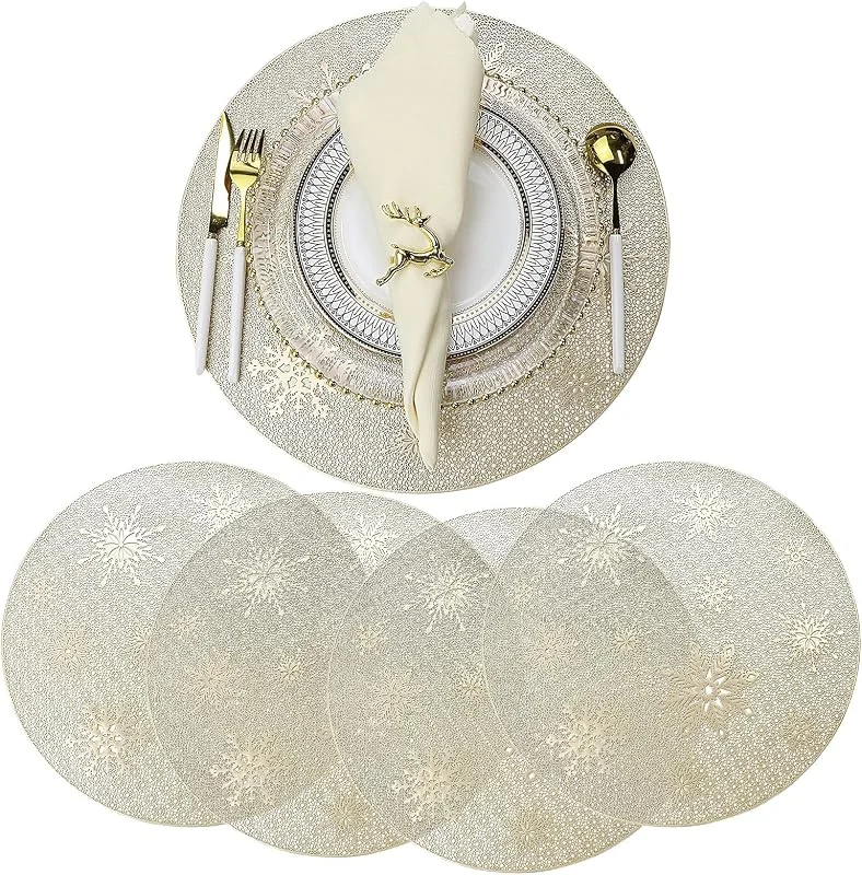 YUNHENTONG Juego de 4 manteles individuales navideños, redondos, diseño de copo de nieve, manteles individuales lavables para Navidad, PVC, resistentes al calor, color dorado para decoración de mesa — Hogar y cocina