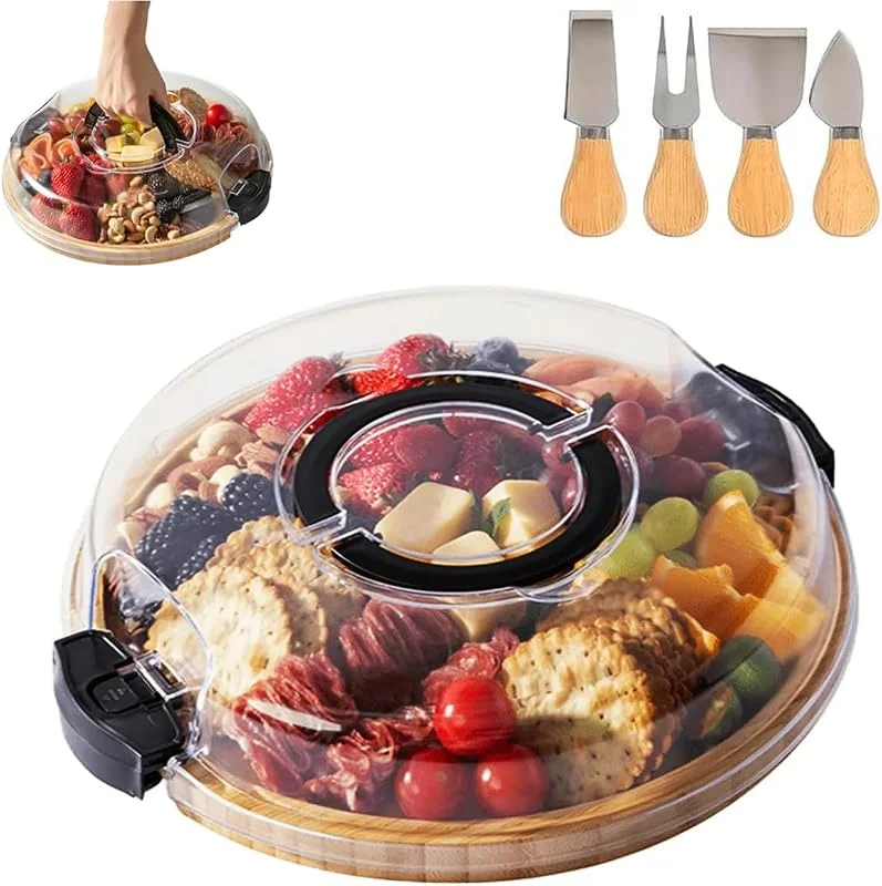 ERNAN Set Tabla de Queso de Bambú y Cuchillos.4 Cuchillos para Queso.Tabla Charcutería.Ponga de inauguración de la casa de Aniversario Navidad.Ideal para charcutería y Tapas. (5 Parts-Circular) — Adviento y mesa