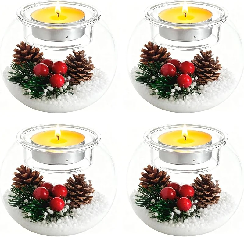 YYSWSAKY Portavelas de Navidad, juego de 4 vasos pequeños de cristal transparente, decoración navideña, portavelas con bayas rojas, piñas, velas de Navidad, para fiestas, hogar, decoración de mesa — Adviento y mesa