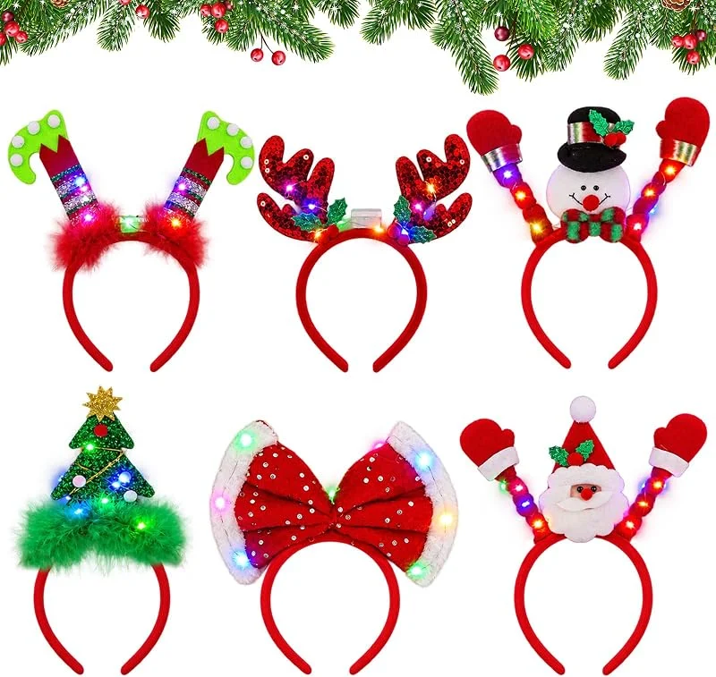 Booaee Diadema de Navidad, 6 unidades de diademas iluminadas con luces LED para el pelo, Navidad, árbol de Navidad, reno, Papá Noel, elfos, diademas de Navidad, accesorios para el pelo para adultos — Ropa Navidad