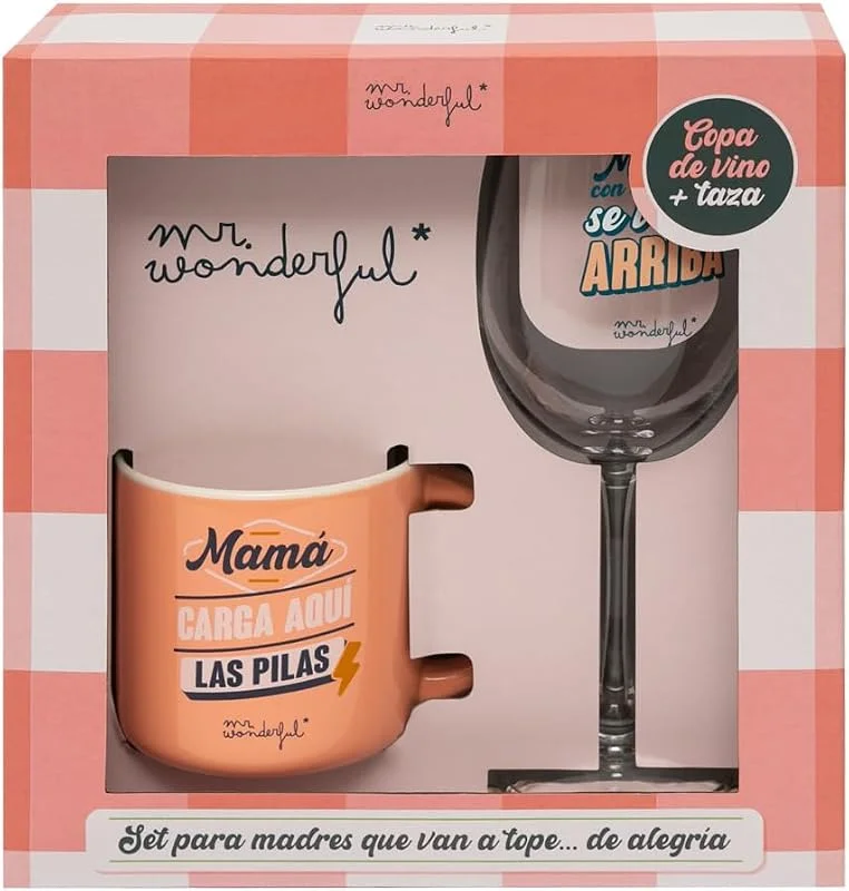 Visita la tienda de Mr. Wonderful Mr. Wonderful - Set de copa de vino + taza para esas madres que van siempre a tope... de alegría - Regalo para mamá - Incluye espacio para dedicatoria — Vino y mesa festiva