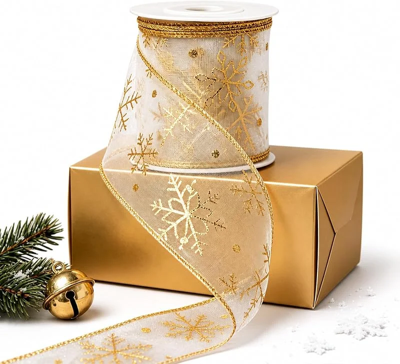 HSLXBY Cinta de organza, diseño de copo de nieve, color dorado, 9 m x 6, 3 cm, con — Envoltorio regalo