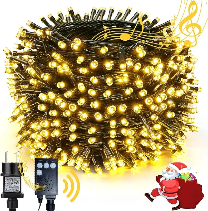 NEXVIN Cadena de luces para árbol de Navidad, 20 m, luz blanca cálida, 200 LED, funciona con energía eléctrica, función de memoria de música navideña, 8 modos, decoración navideña, resistente al agua — Luces Navidad