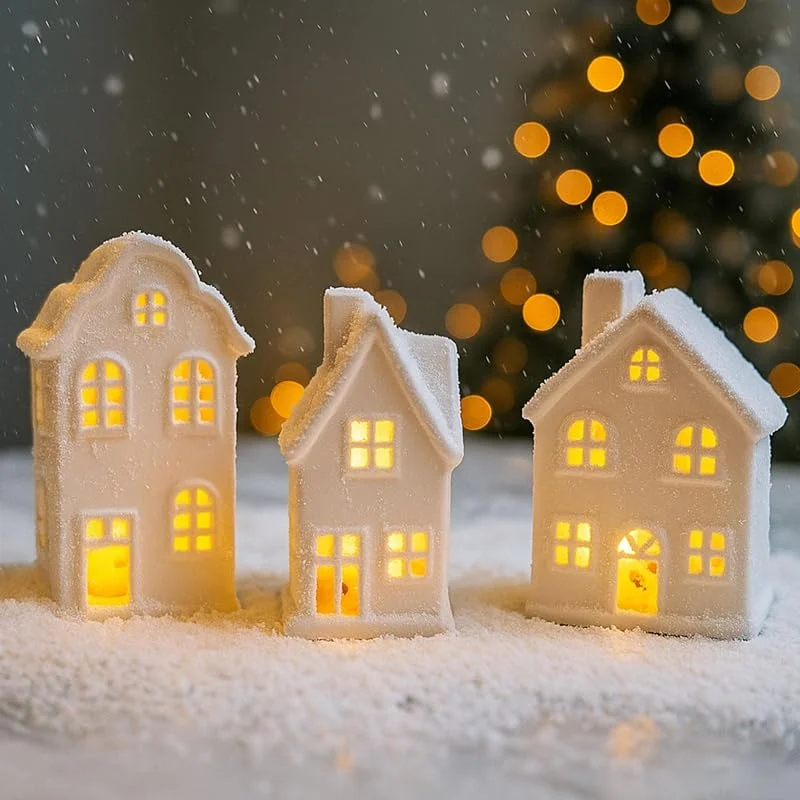 GZWY 3 Piezas Casas Farol Decoración Navideña, Casas Navideñas Iluminadas de Cerámica, Casa de Luz Decoración Navidad Porcelana Blanca, Casas de Pueblo Navideño con Iluminación, Casas de Luz LED Decoración — Decoracion Navidad