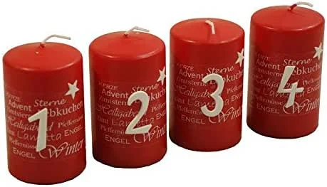 Klocke Kerzen Velas de Adviento con números y motivos, altura de 10 cm, diámetro de 6 cm, velas navideñas, corona de Adviento, corona de Navidad, velas de Navidad, velas de Navidad (rojo) sin perfumar — Adviento y mesa