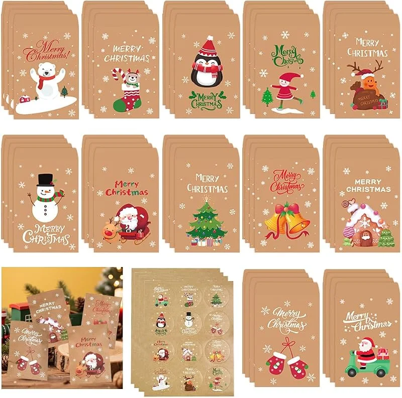 Huucozn 48 Bolsitas de Papel Kraft para Regalos y Dulces Navideños, Sobres para Regalo Navidad 12.5x7.5 cm, Bolsitas Papel para Chuches y Detalles con Pegatinas para Calendario de Adviento y Fiestas — Envoltorio regalo