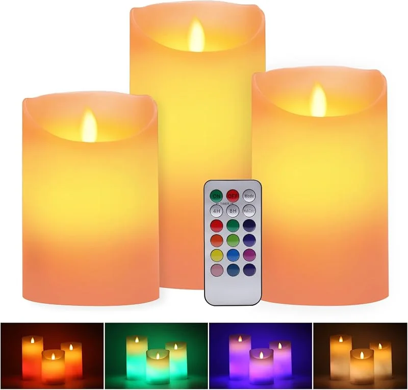 Visita la tienda de ALED LIGHT Velas de LED sin Llama, Pack de 3 Blanco Cálido más Multicolores Velas Electricas de Cera Reales con Mando a Distancia y Temporizador Velas Decorativas de pilas para Decoración, Bodas — Luces Navidad