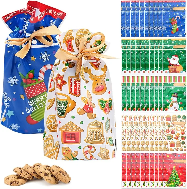 Bakiauli 50 Piezas Bolsas Regalo Navidad, Bolsas de Regalo Reutilizables con Cordón de Navidad Bolsas de Caramelos para Favor de Fiesta de Navidad — Envoltorio regalo