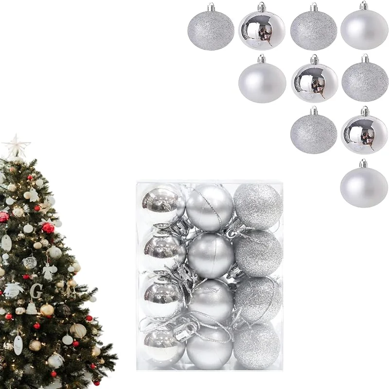 YueJieSelected 24 piezas de mini bolas de Navidad plateadas, decoración navideña, conjunto de adornos para árbol de Navidad de plástico, bolas pequeñas para árbol de Navidad de plástico, bolas de Navidad de plástico — Decoracion Navidad