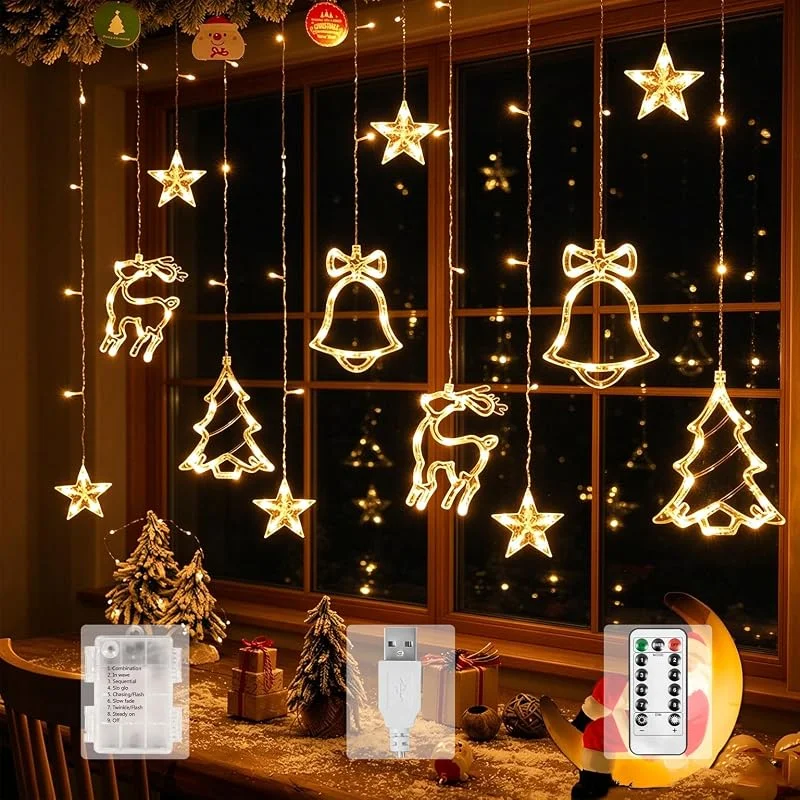 Visita la tienda de OVOISSTIY Cortina de Luces Navidad, 3.5M Guirnaldas Luminosas Estrellas 8 Modos a USB, Bateria, IP44, Luces de Cortina Estrella Interior Exterior, Luces de Cadena Decorativas para Fiesta, Ventana — Decoracion Navidad